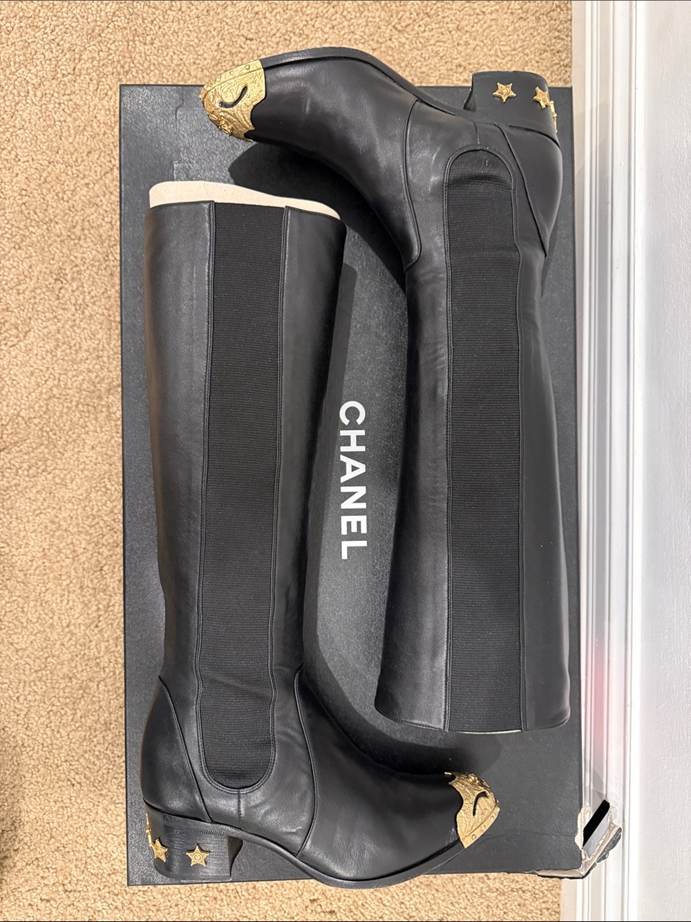 Chanel Runway Black Leather Knee High Boots Gold CC Cap Toe Western Hardware 37 - Picture 8 of 13